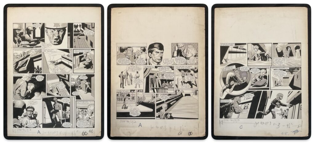 Joe 90 art by Keith Watson, best known, perhaps, for his work on "Dan Dare" for EAGLE, for Issue 3 of the short-lived comic, published in 1969. Three pages of original comic art, consecutive black / white interior pages 2-4 measuring 42cm x 57cm
