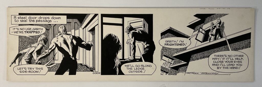 This isn't the only art by Frank Bellamy in this latest "Peter Hansen Comic Collection" Auction, but it's a striking example of his work for the Daily Mirror strip, "Garth", an episode from the story "The Wreckers", Ink on board (V) 16cm x 54cm. Over on the Frank Bellamy Checklist, Norman Boyd has published two spotlights on the Bellamy art in this auction, including a page from "Thunderbirds" for TV Century 21. (Norman also reports on a rather special lot of "Heros the Spartan" by Bellamy art on offer in a separate auction being run by Stanley Gibbons, here)