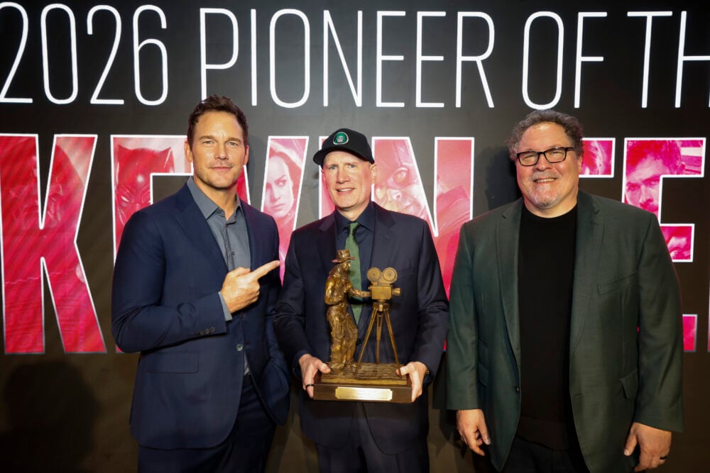 From left, Chris Pratt, Kevin Feige and Jon Favreau attend the 2026 Will Rogers Pioneer of the Year Dinner honoring Kevin Feige on Sept. 30, 2026 in Beverly Hills, California. (Photo by Ryan Miller/Capture Imaging)
