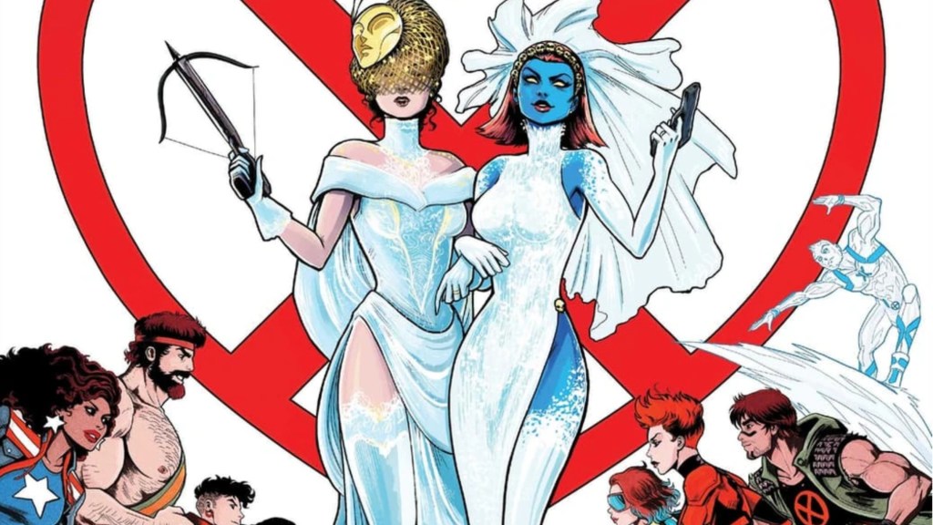 Mystique and Destiny in wedding dresses surrounded by LBGTQ Marvel characters