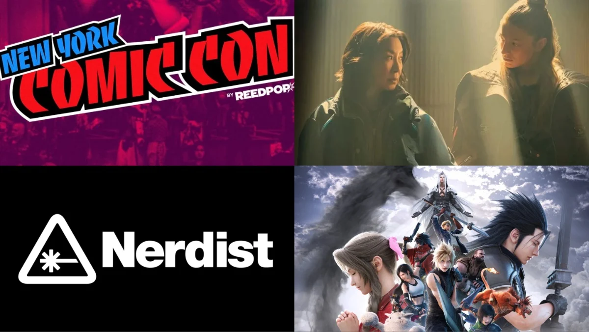 Logos for NYCC and Nerdist with images for Blade Runner 2099 and Final Fantasy VII Revelation