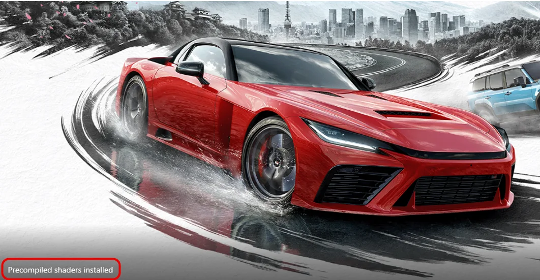 A red sports car drifts on a stylized, snowy track with the text 'Precompiled shaders installed' in the bottom left corner.