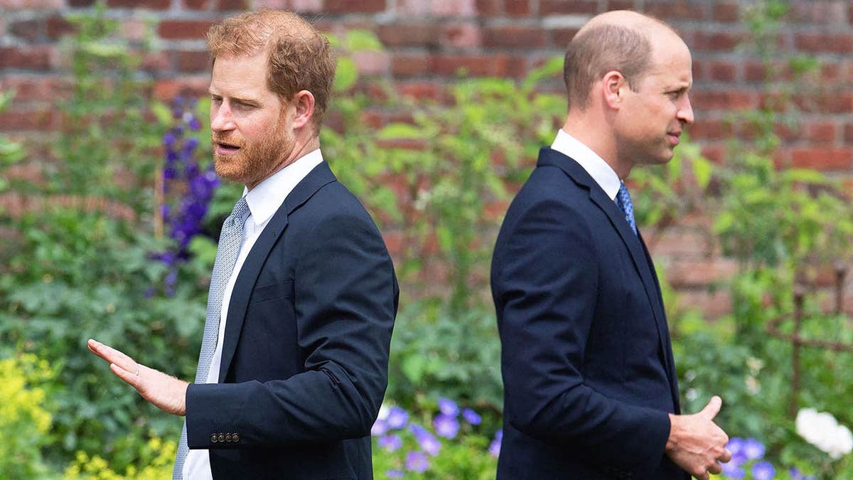 Prince Harry and Prince William with their backs turned in suits walking away from each other.