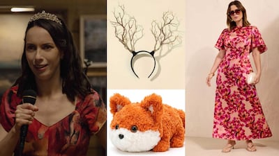 A floral dress, antlers and a toy fox help recreate Patricia’s look from Widow’s Bay. Photos: Apple TV; Friends Like These; faramie; Terrifi