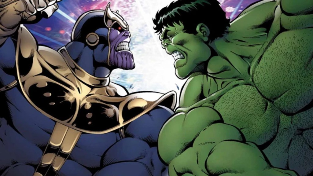 Thanos and Hulk looking eyes as they fight each other
