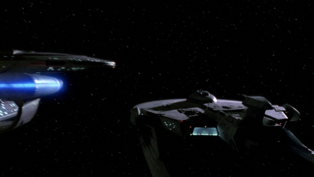 The Bozeman about to crash into the Enterprise-D in "Cause and Effect"