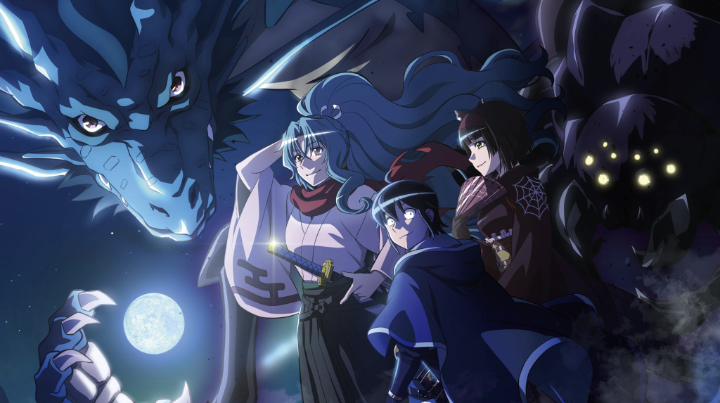 This image features the main characters from the anime and light novel series Tsukimichi: Moonlit Fantasy (Tsuki ga Michibiku Isekai Douchuu), including protagonist Makoto Misumi, the high-level superior dragons and followers Tomoe and Mio, and the black spider of disaster.