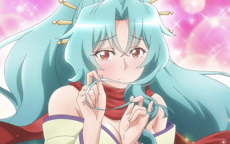 The image shows Tomoe (also known as the Mirage Dragon or Shin) blushing and playing with a lock of her light-blue hair from the anime series Tsukimichi: Moonlit Fantasy.