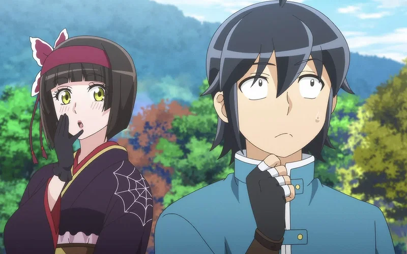 The image shows Makoto Misumi (right) and Tomoe (left) from the anime series Tsukimichi: Moonlit Fantasy (Tsuki ga Michibiku Isekai Douchuu).