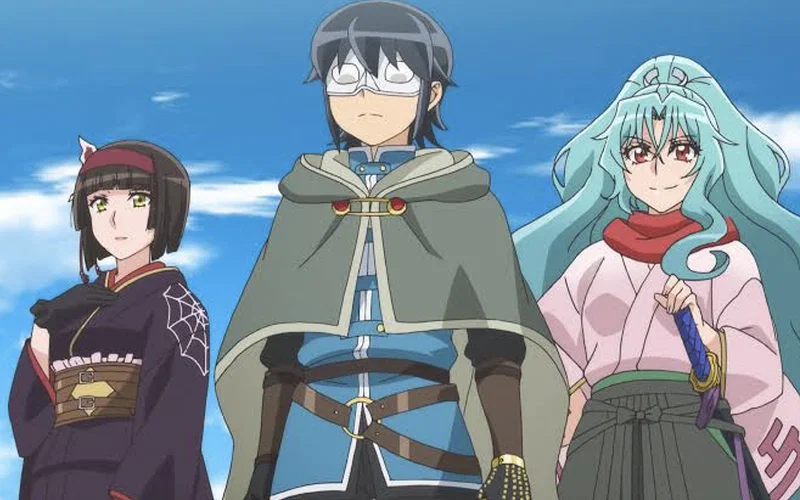 The image shows the main characters Shiki (in the black kimono on the left), Makoto Misumi (wearing the blue outfit and white mask in the middle), and Tomoe (with long blue-green hair on the right) from the anime series Tsukimichi: Moonlit Fantasy (Tsuki ga Michibiku Isekai Dōchū).