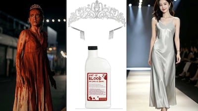 A silver slip dress, tiara and plenty of fake blood complete Carrie’s ill-fated prom look. Photos: Amazon Prime; Elvyagod; Party Centre; Yuanbeini