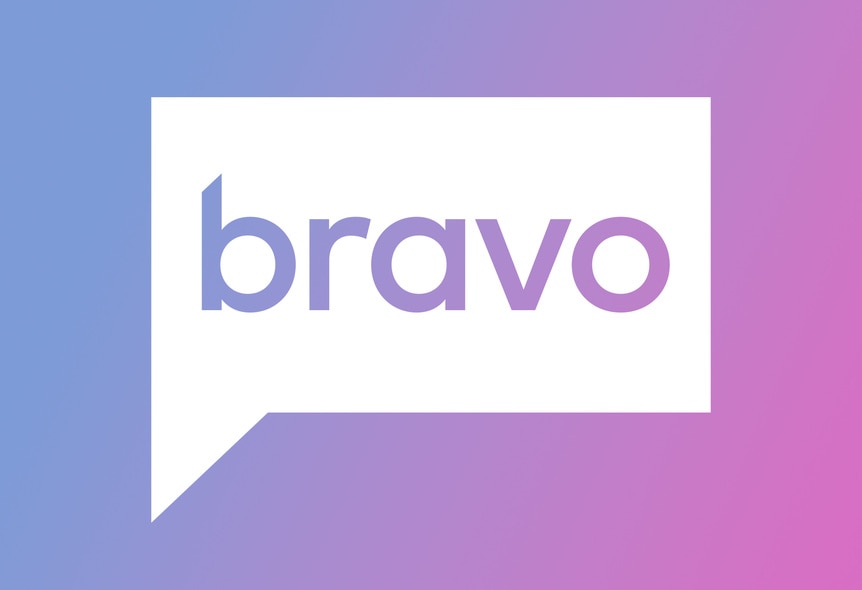A white Bravo logo in front of a blue and pink design