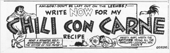Illustrated promotion with the character Gordo leaning on the large text that says chili con carne recipe.