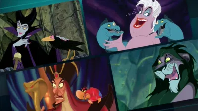 Disney Villains including Maleficent, Ursula, Jafar, and Scar.