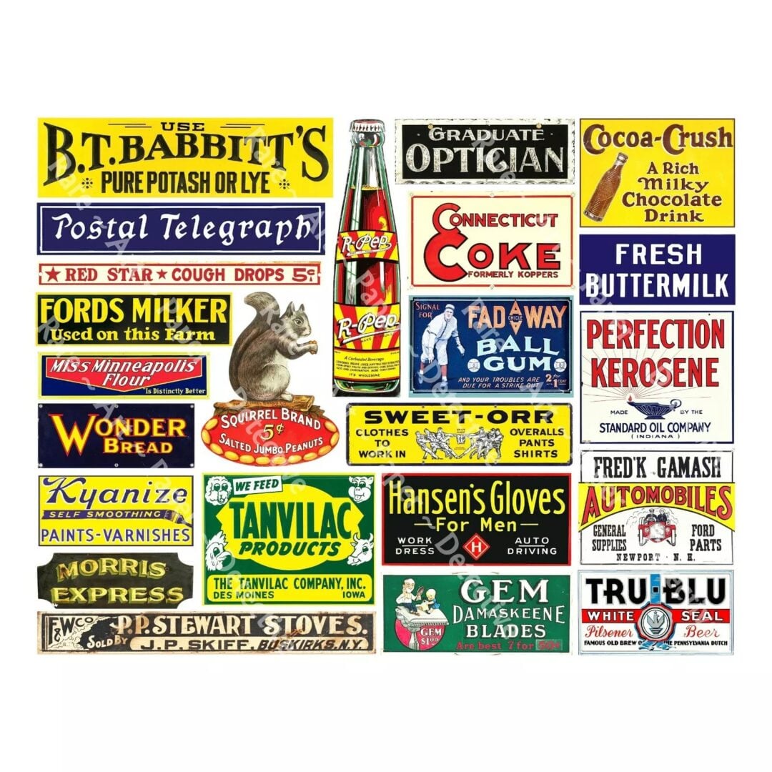 A collage of vintage advertisements featuring various products like B.T. Babbitt's soap, Coca-Cola, Wonder bread, Peerless mustard, and others. The ads showcase colorful designs and old-fashioned typography, evoking a nostalgic feel.