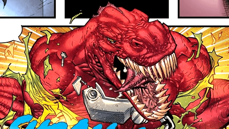 Dinosaurus using his sharp teeth to cause havoc.