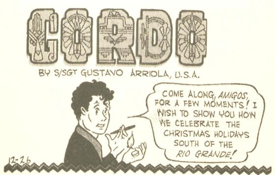 Illustration of the illustrator Gustavo Arriola underneath the large text Gordo title in decorative letters. He welcomes the reader to learn about Christmas holidays south of the Rio Grande.