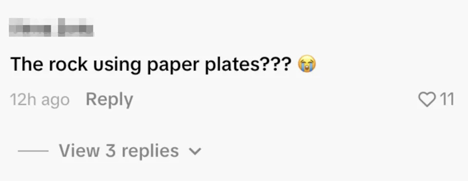 Comment questioning "The rock using paper plates???" with a shocked emoji, showing disbelief