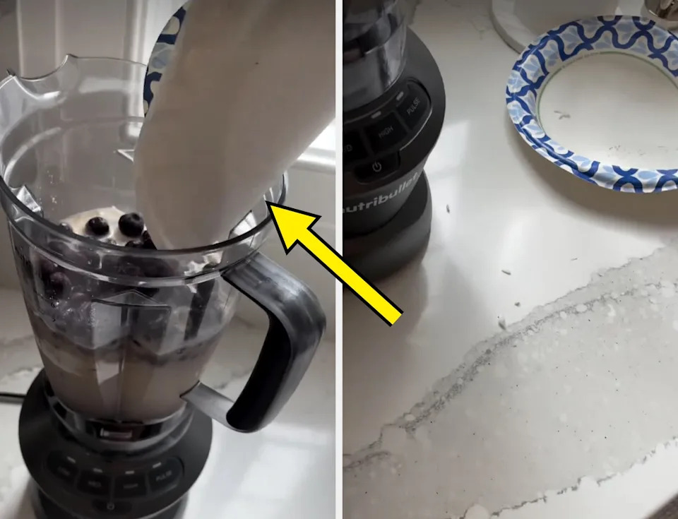 Blender with milk being poured over blueberries and other ingredients, with an arrow pointing at paper plates
