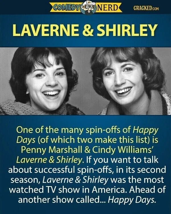 COMEDY NERD CRACKED.COM LAVERNE &SHIRLEY One of the many spin-offs of Happy Days (of which two make this list) is Penny Marshall & Cindy Williams' Laverne & Shirley. If you want to talk about successful spin-offs, in its second season, Laverne & Shirley was the most watched TV show in America. Ahead of another show called... Happy Days.