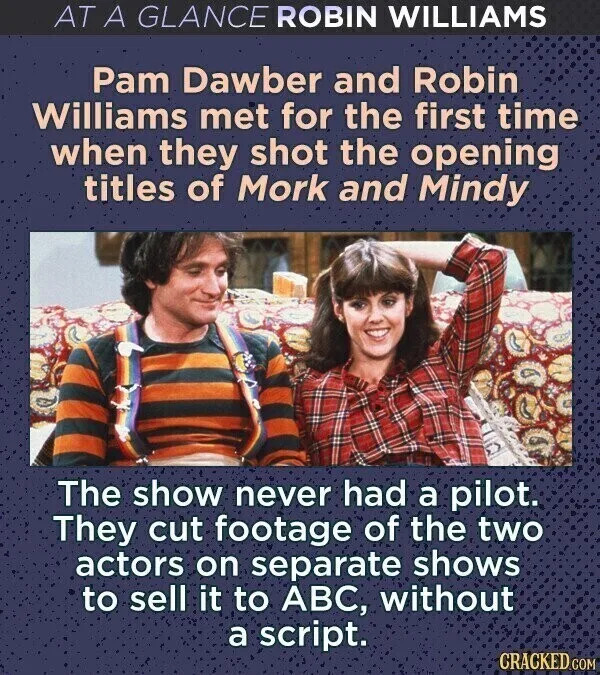 AT A GLANCE ROBIN WILLIAMS Pam Dawber and Robin Williams met for the first time when they shot the opening titles of Mork and Mindy The show never had a pilot. They cut footage of the two actors on separate shows to sell it to ABC, without a script. CRACKED.COM