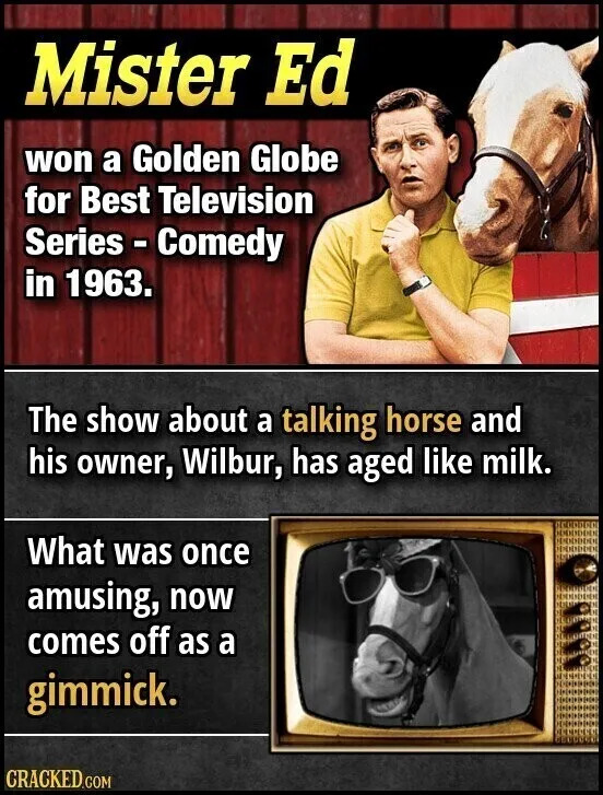 Mister Ed won a Golden Globe for Best Television Series - Comedy in 1963. The show about a talking horse and his owner, Wilbur, has aged like milk. What was once amusing, now comes off as a gimmick. CRACKED.COM