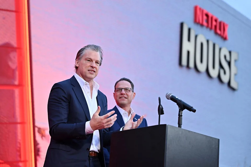 Greg Peters and Pennsylvania Gov. Josh Shapiro speak at the Netflix House Philadelphia Grand Opening on Nov. 10, 2025, in Philadelphia. (Credit: Roy Rochlin/Getty Images for Netflix)