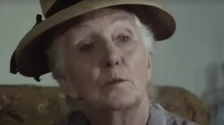 Joan Hickson's Miss Jane Marple looking stern on Miss Marple