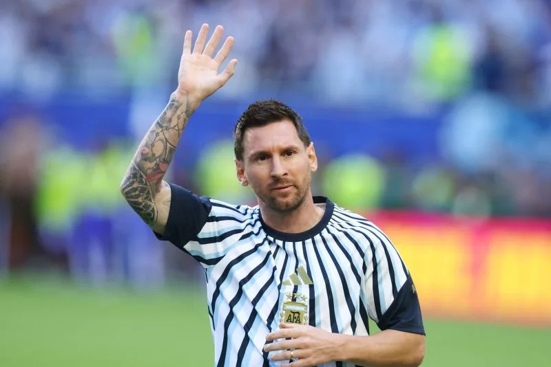 Lionel Messi waves to fans before the start of a Round of 32 FIFA World Cup match between Argentina and Cabo Verde in July. File Photo by Christian Brunskill/UPI