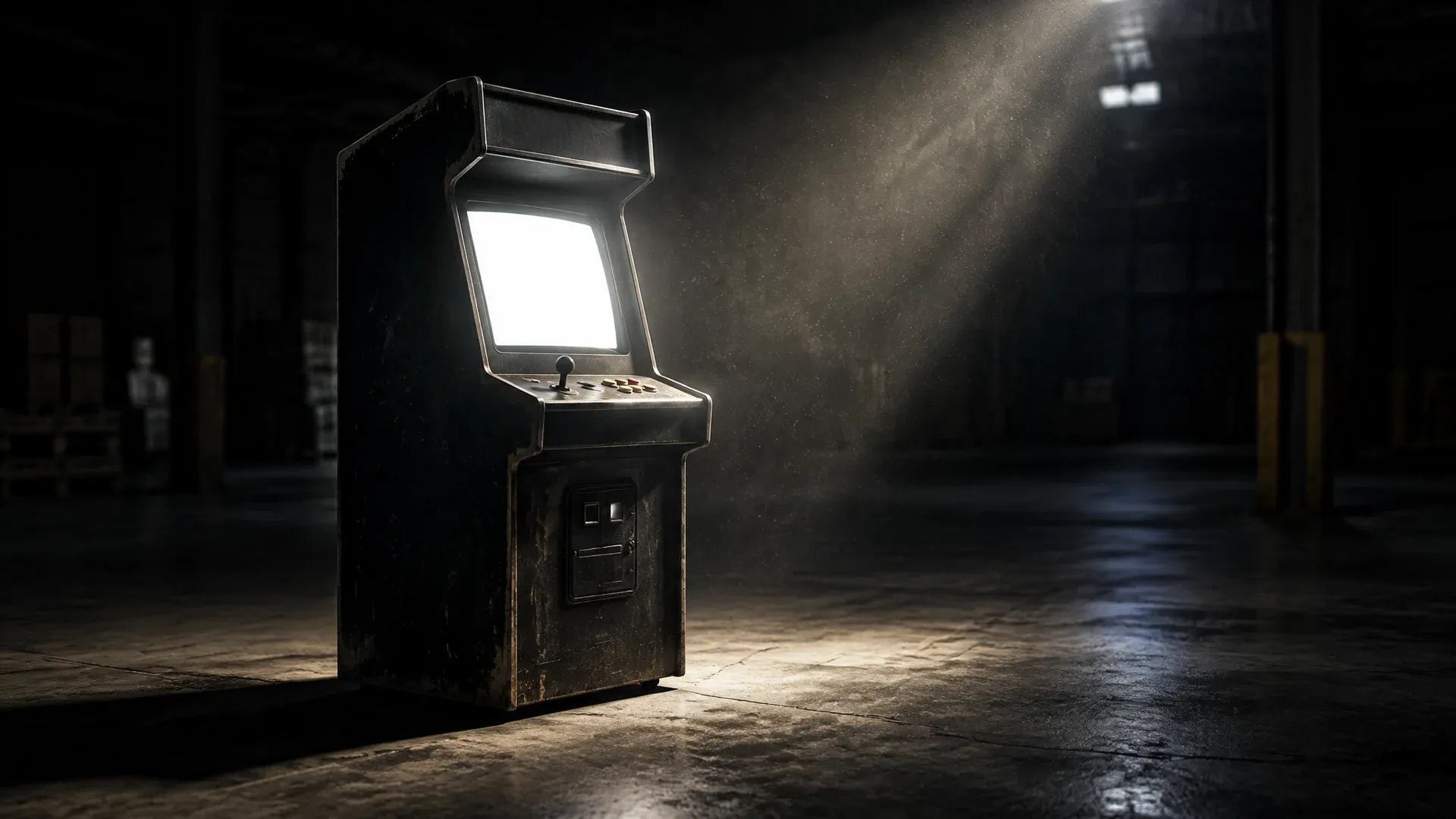 Single unbranded arcade machine with a glowing screen in a dark warehouse