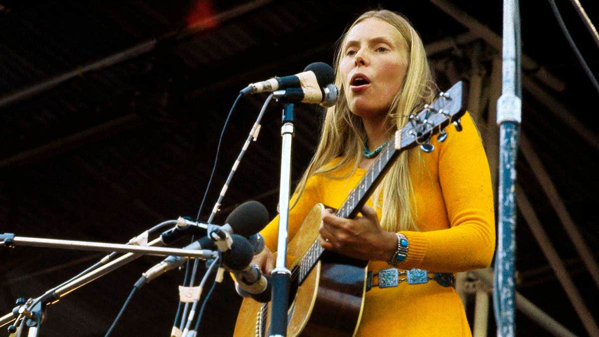 Joni Mitchell performs at the Isle of Wight Festival.