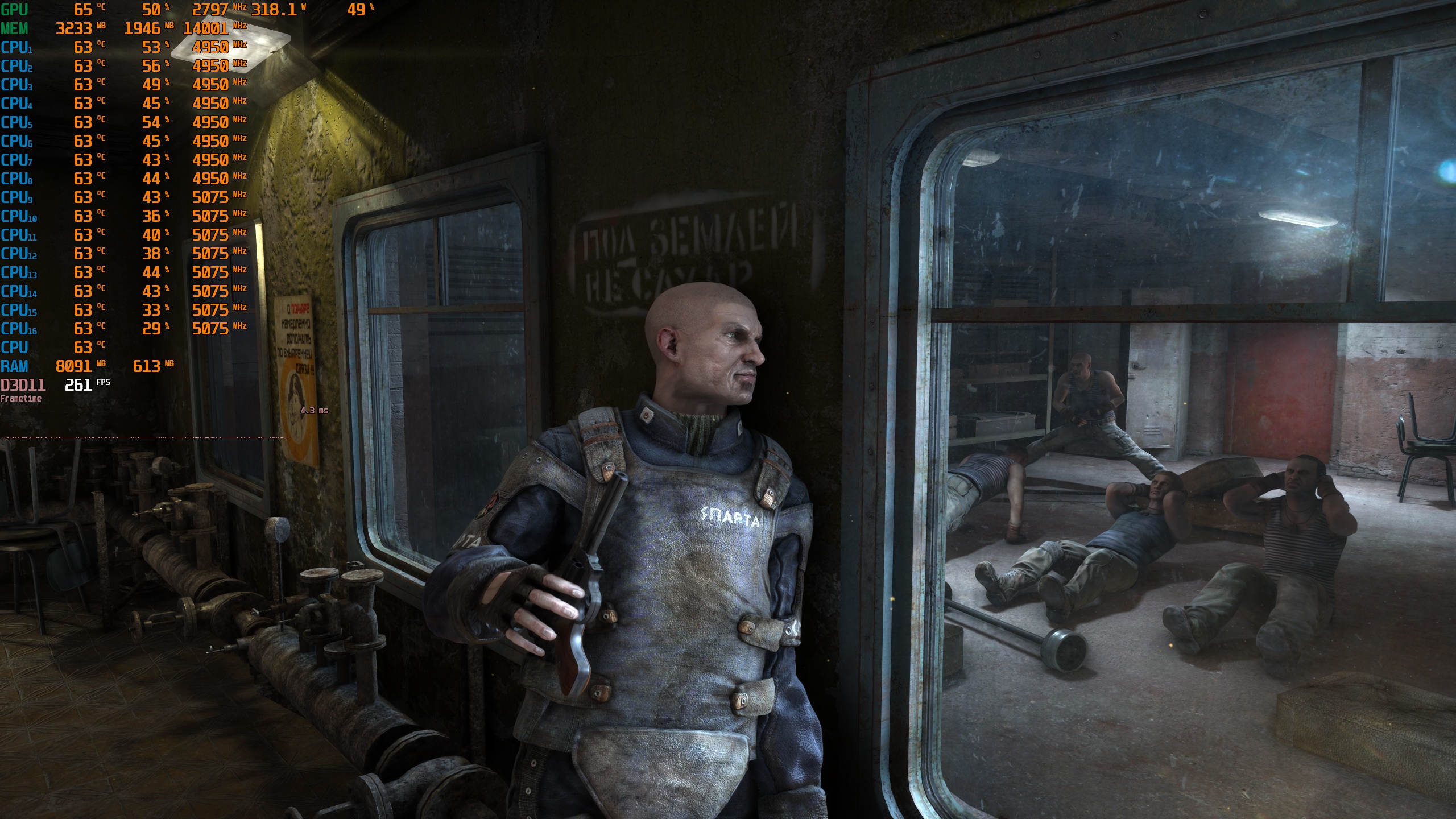 A character in Metro Exodus wearing armor labeled 'СПАРТА' holds a revolver, with in-game performance metrics showing 261 FPS and various CPU/GPU statistics on the left side.