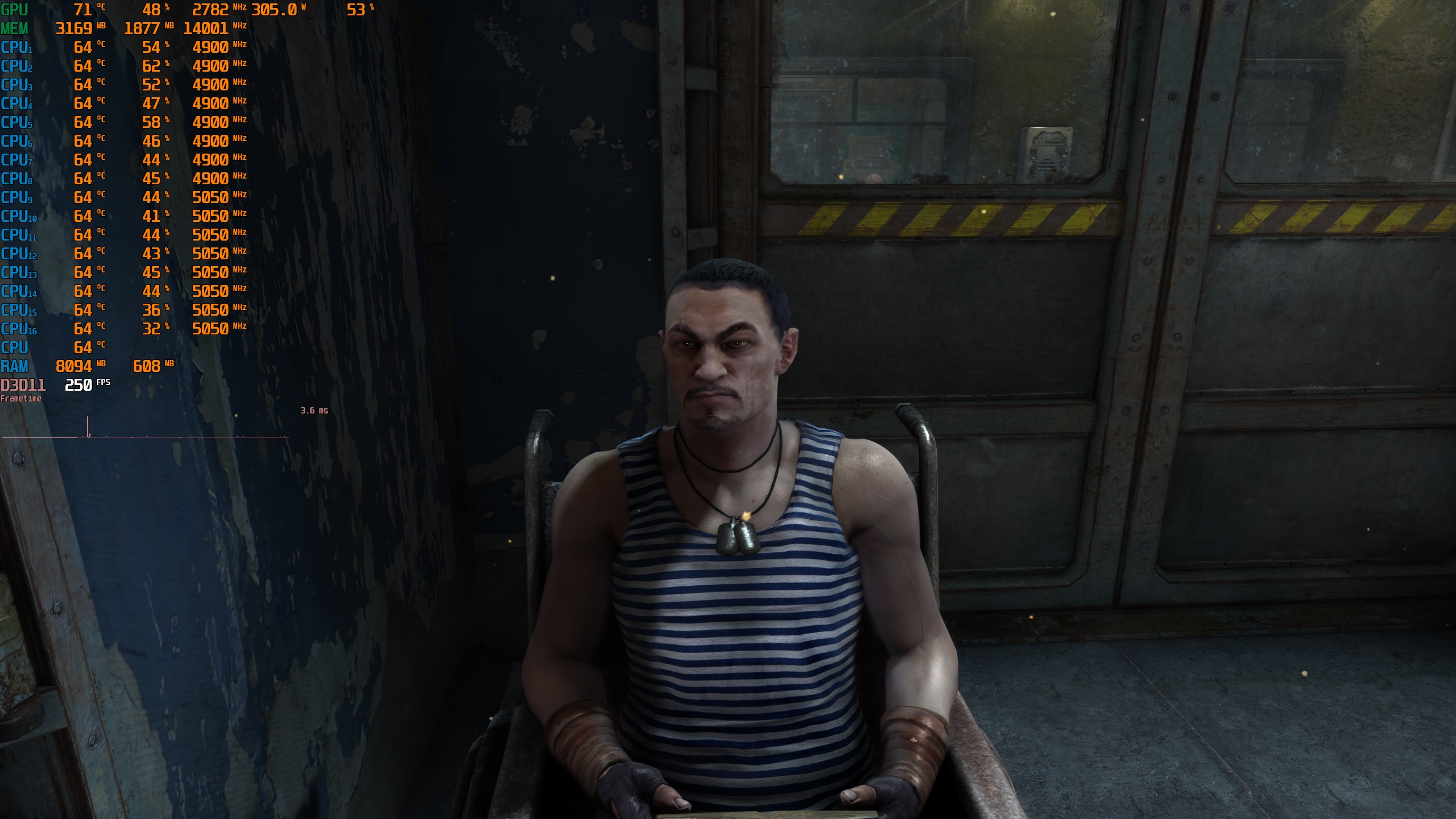 A character in a striped tank top is seated in a dimly lit room, with performance metrics displayed on the left showing 'D3D11 250 FPS'.