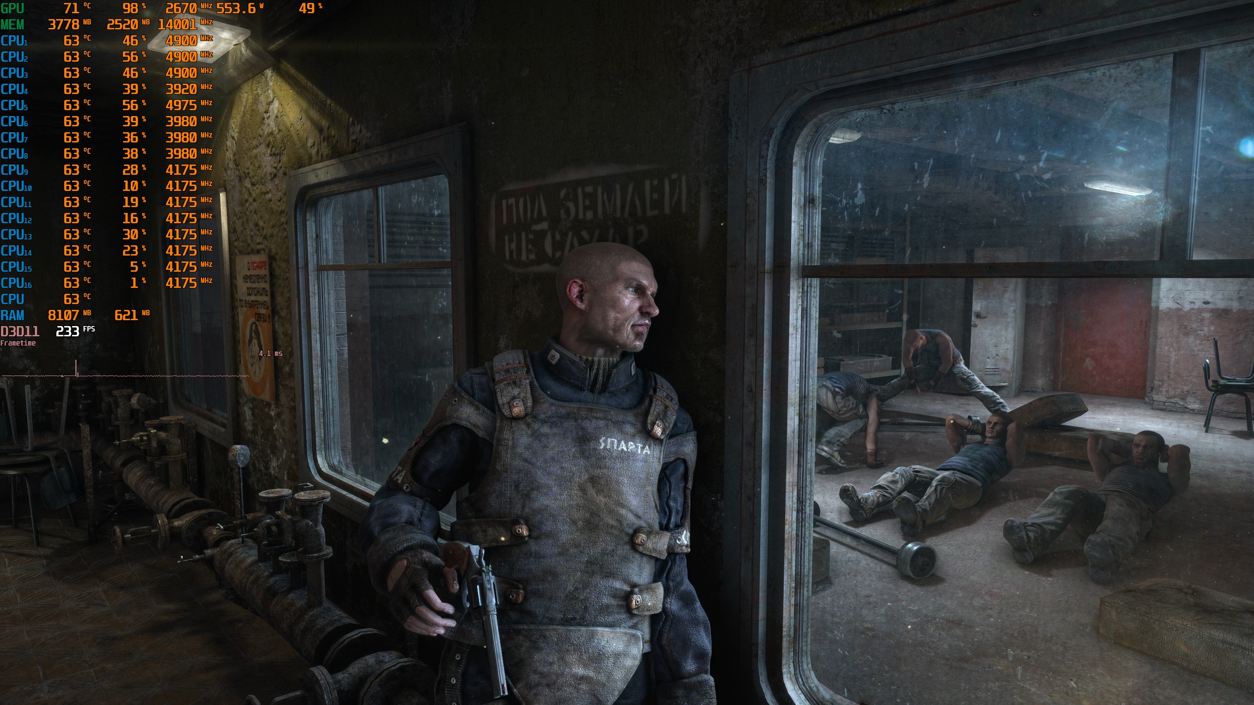 A scene from the game Metro Exodus shows a character in tactical gear with 'СПАРТА' on his vest, standing in a dimly lit room, while performance metrics like '233 FPS' and CPU usage details are displayed on the left.