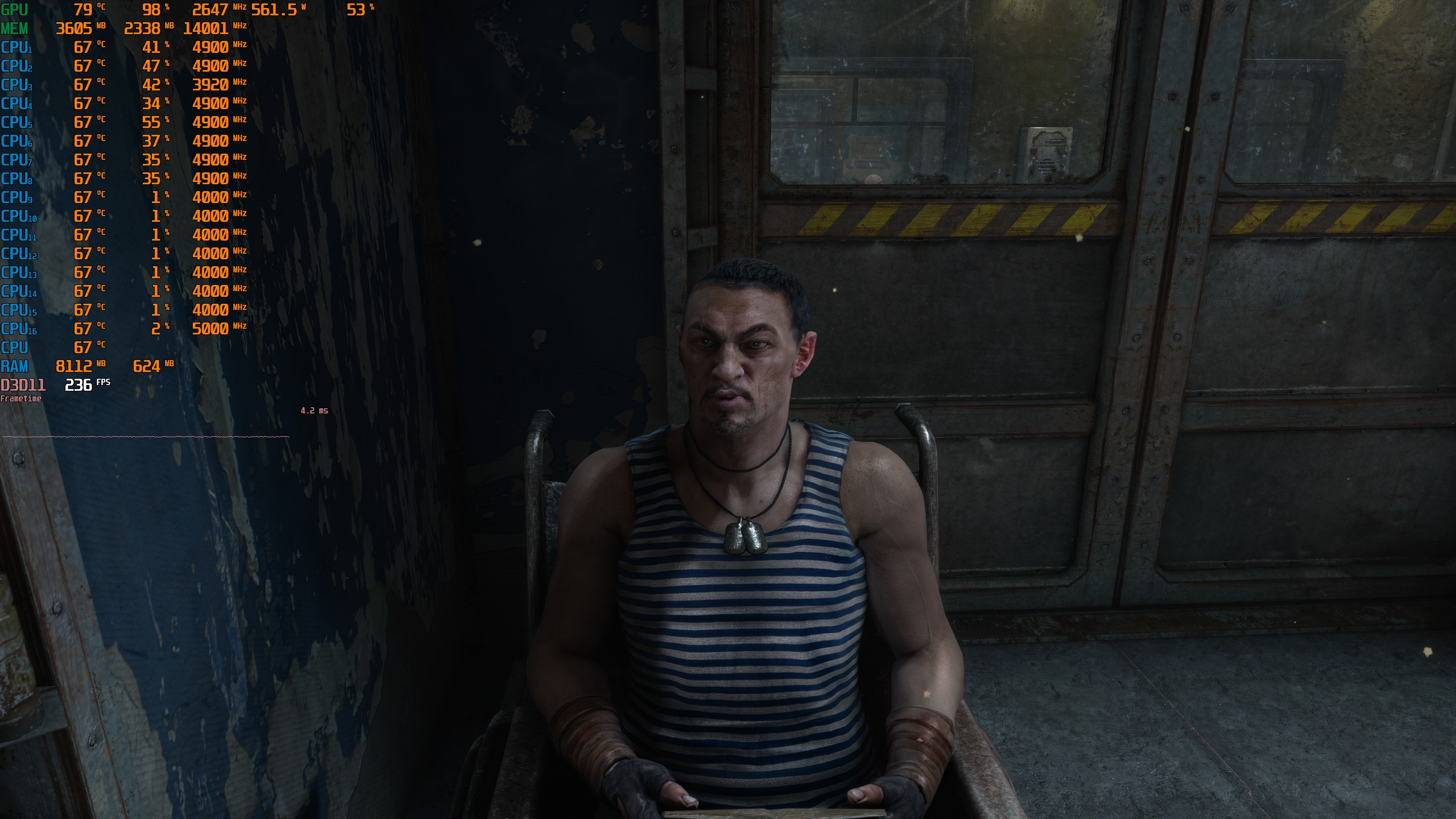 A character in a game is seated in a dimly lit room, with performance metrics displayed on the left side showing 'D3D11 236 FPS'.