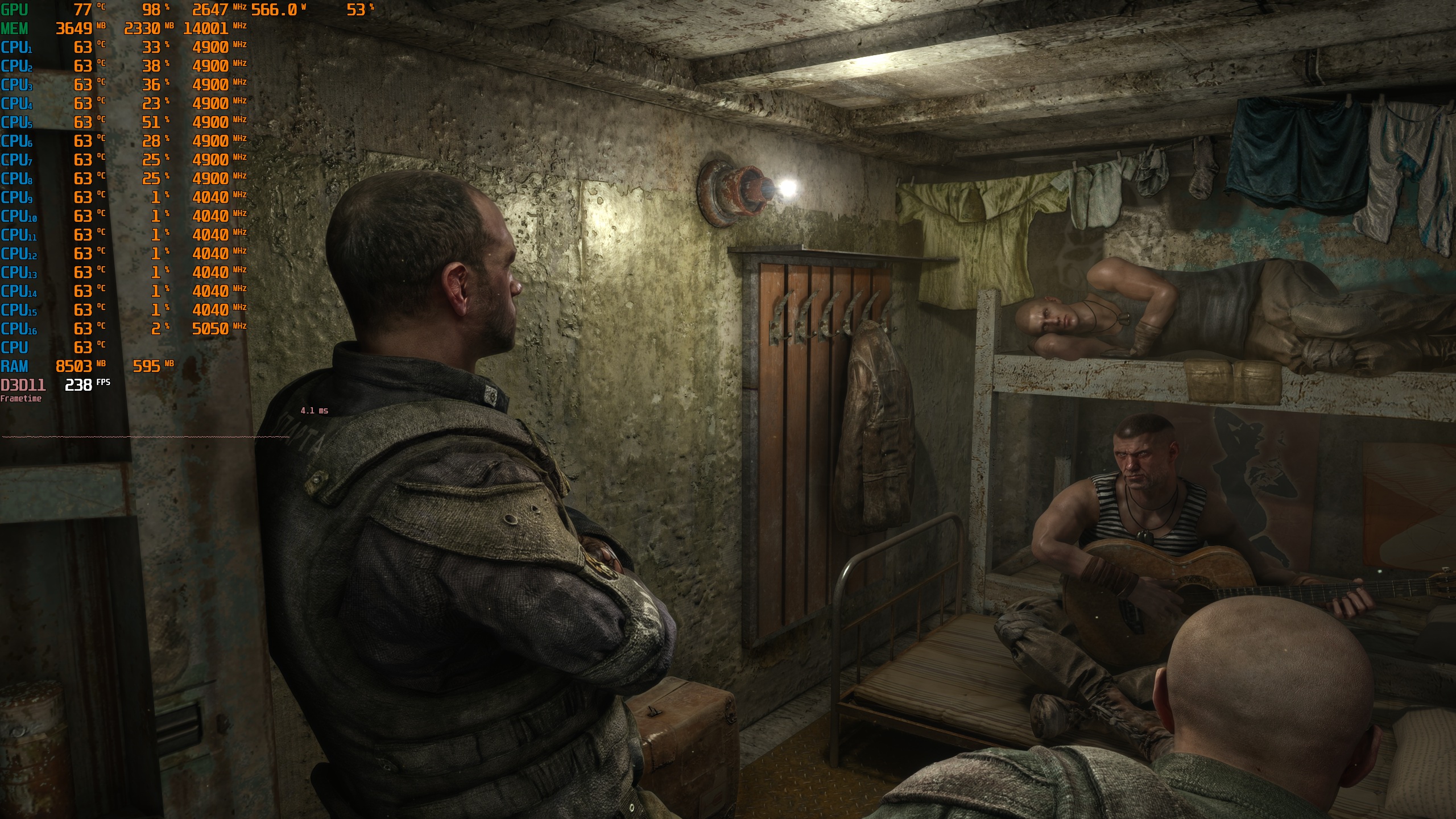 The screen displays a first-person perspective of a character in a bunker setting from the game 'Metro Exodus,' with overlay performance stats indicating 'D3D11 238 FPS,' CPU temperatures, and GPU usage.