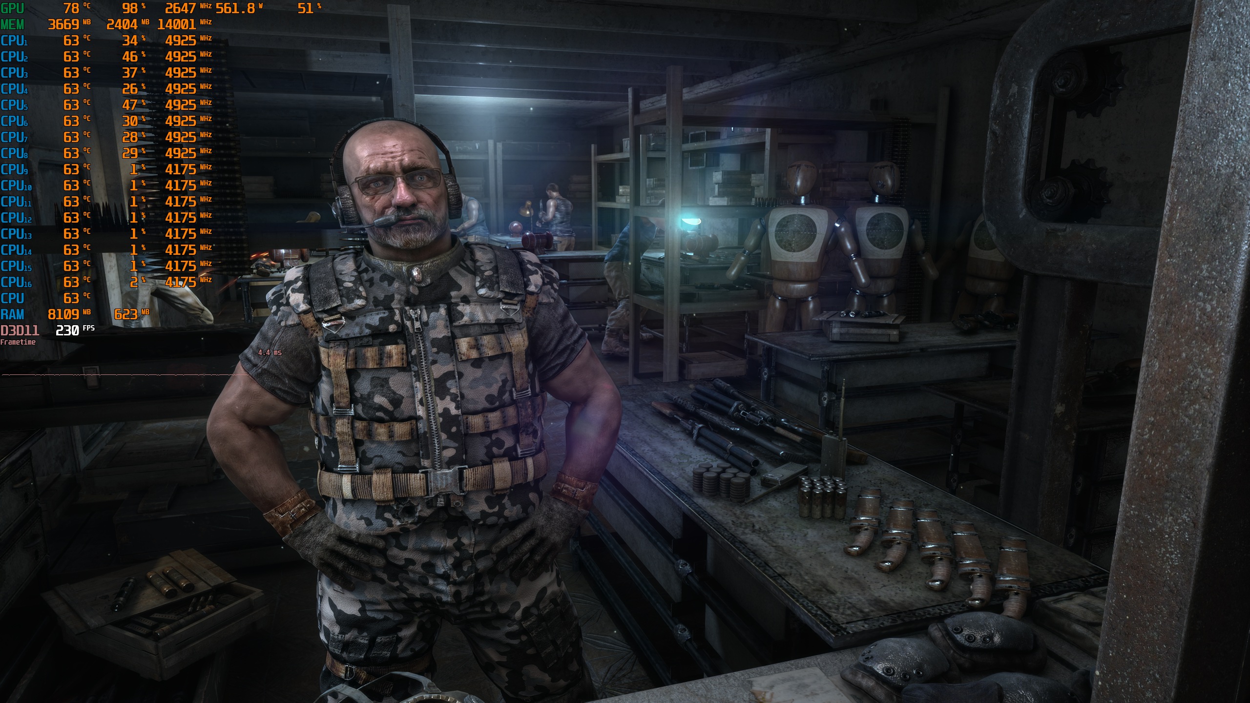 A character in camouflage stands in a workshop filled with weapons and equipment, while performance metrics in the top-left corner indicate '230 FPS'.
