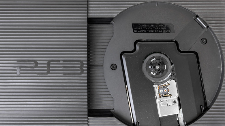 A close-up view of a Playstation 3 Super Slim's disc driver.