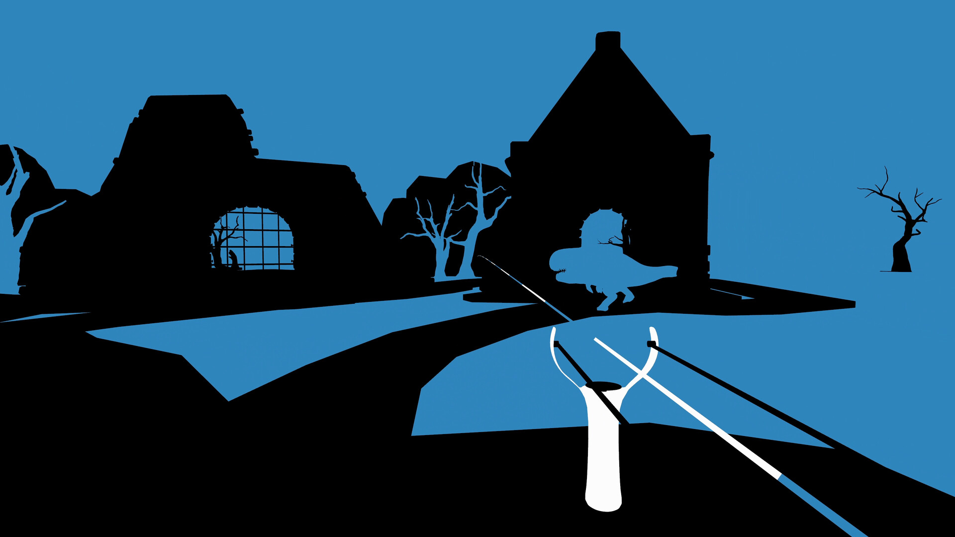 Shil screenshot: flat black silhouettes of ruined buildings and bare trees against a solid blue sky, with a white slingshot held up in the foreground
