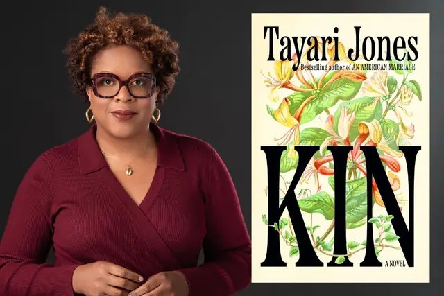 portrait of Tayari Jones with the cover of her book Kin
