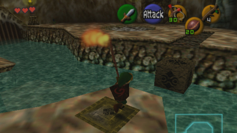 Link runs with a flaming stick in The Legend of Zelda: Ocarina of Time
