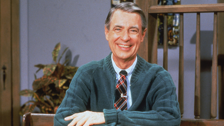 Fred Rogers smiling on the set of his show Mister Rogers' Neighborhood