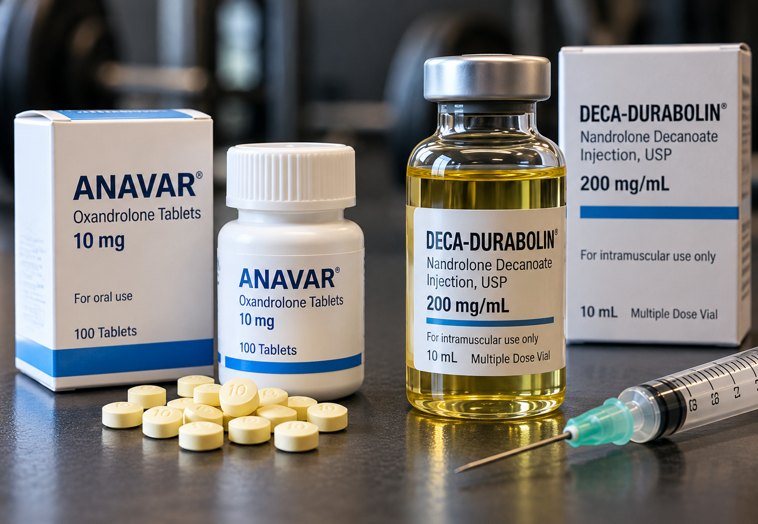 Anavar and Deca-Durabolin steroid bottles and pills with a syringe, displayed on a table