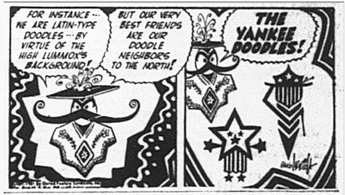 Two comic scenes showing personified doodles from Latin America and North America, nicknamed the Yankee Doodles.