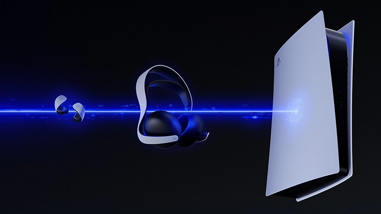 A PlayStation 5 connecting to a Pulse Elite wireless headset and Pulse Explore earbuds.